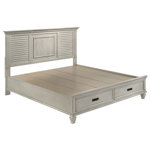 English Elm Capistrano Distressed White Eastern King Bed with Storage Drawers, High Louvered Headboard, Rustic Charm B062S00931