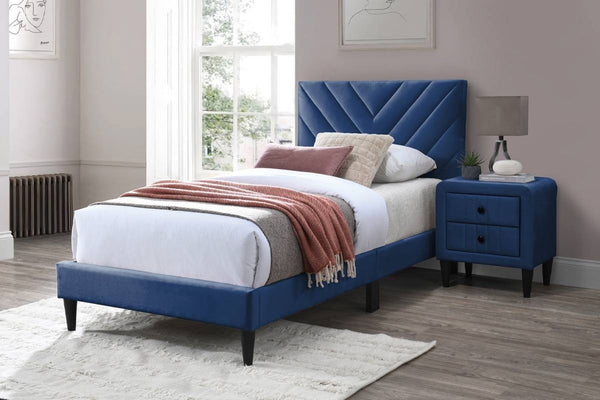 English Elm 1pc Twin Platform Bed Velvet Upholstered Adjustable Headboard V-stitch Blush Bedroom Navy Blue B011P415212
