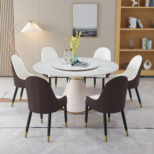 English Elm Round Sintered Stone Dining Set Sculptural Petal Base Six Pu Leather Chairs Modern W509S00183
