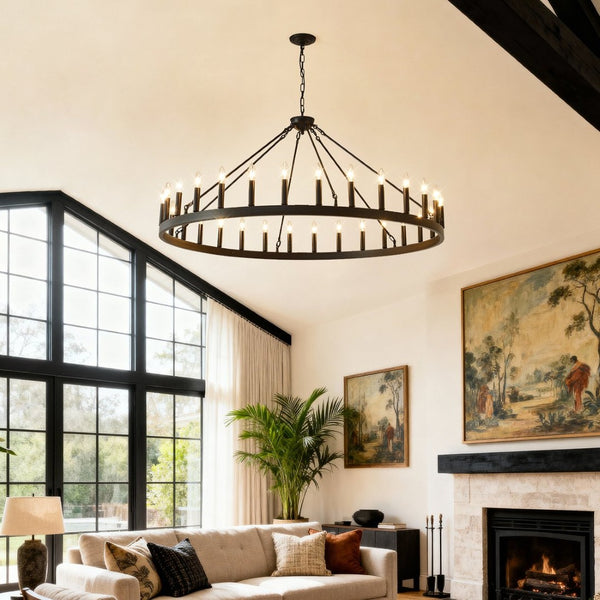 English Elm 53.15 Inch Wagon Wheel Chandelier Matte Black 18 Light Farmhouse Industrial Large Room W5008P388956