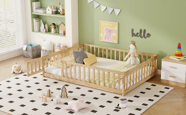 English Elm Full Size Rubberwood Floor Bed with Safety Guardrails and Latching Door for Toddlers Natural W504P429299