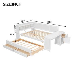 English Elm Full Size Pine Wood Platform Daybed with Led Headboard Desk Storage and Charging White N7090000475K-1