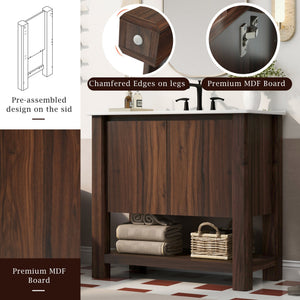 English Elm Christopher Knight Home® - 36" Modern Wall-Mounted Bathroom Vanity with Ceramic Sink, Soft-Close Doors, Fluted Accent & Open Shelves Antique brown N817P245321B
