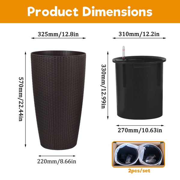 English Elm Set of 2 Faux Rattan Tall Outdoor Planters with Auto Watering and Water Level Monitor Brown W3213P325374