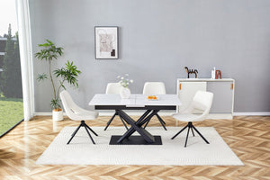 English Elm Modern Extendable Dining Table with Walnut MDF Veneer Top, Dual V-Shaped Metal Base, Sleek Durable Design White Marble W3493S00006