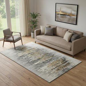 HomeRoots 5' X 8' Gray Silver Gold Abstract Area Rug - Washable, UV-Protected, Durable & Stylish for Any Room 666007