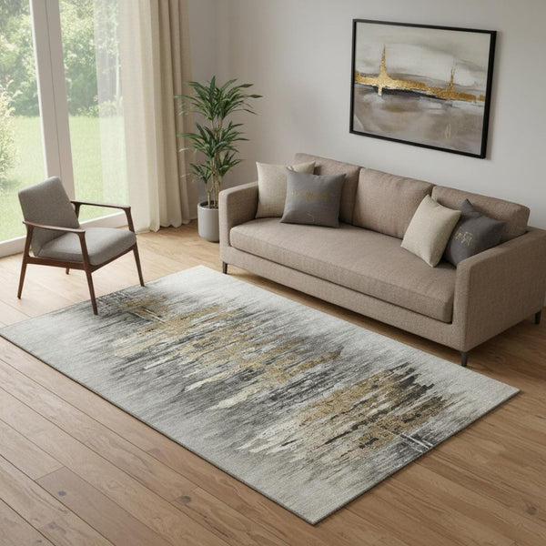 HomeRoots 5' X 8' Gray Silver Gold Abstract Area Rug - Washable, UV-Protected, Durable & Stylish for Any Room 666007