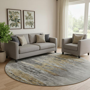 HomeRoots 8' Gray Silver and Gold Abstract Round Rug - Washable, UV-Protected, Durable, Stylish Decor Piece 666008