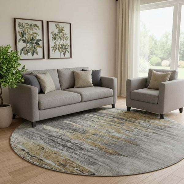 HomeRoots 8' Gray Silver and Gold Abstract Round Rug - Washable, UV-Protected, Durable, Stylish Decor Piece 666008