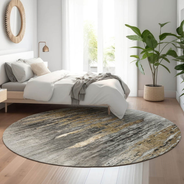 HomeRoots 8' Gray Silver and Gold Abstract Round Rug - Washable, UV-Protected, Durable, Stylish Decor Piece 666008