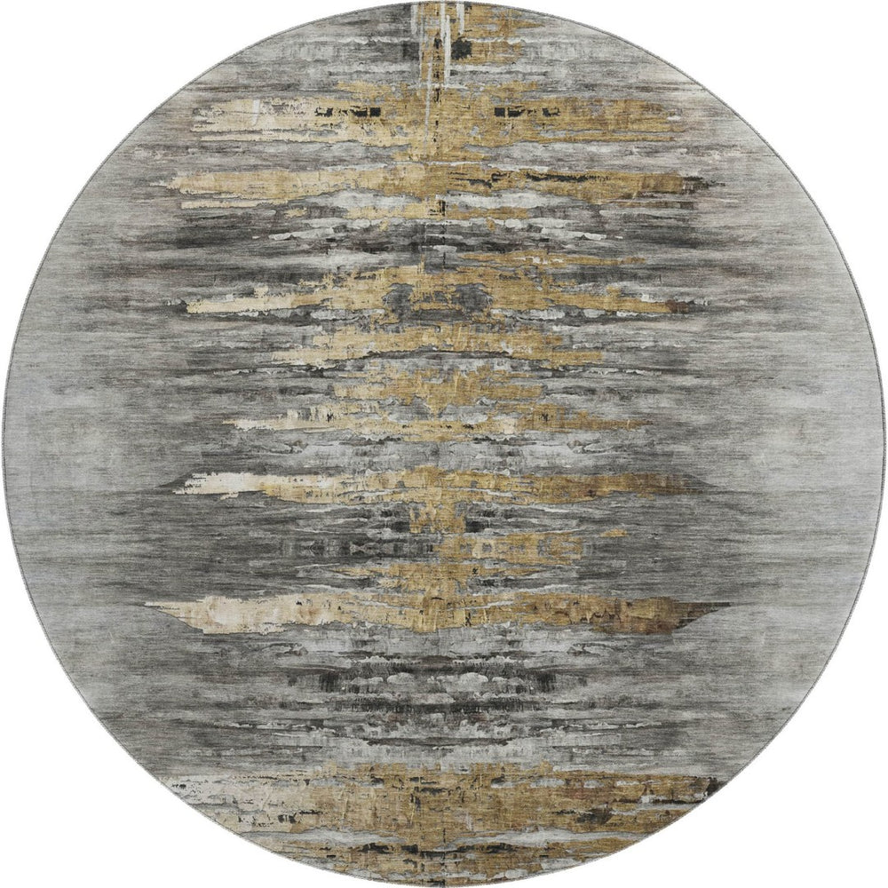 HomeRoots 8' Gray Silver and Gold Abstract Round Rug - Washable, UV-Protected, Durable, Stylish Decor Piece 666008