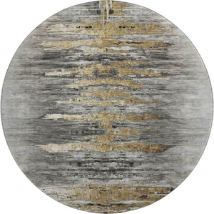 HomeRoots 8' Gray Silver and Gold Abstract Round Rug - Washable, UV-Protected, Durable, Stylish Decor Piece 666008