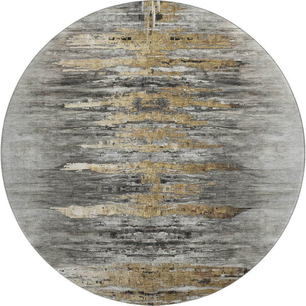 HomeRoots 8' Gray Silver and Gold Abstract Round Rug - Washable, UV-Protected, Durable, Stylish Decor Piece 666008