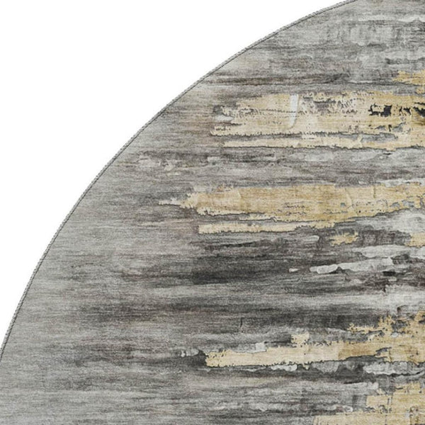 HomeRoots 8' Gray Silver and Gold Abstract Round Rug - Washable, UV-Protected, Durable, Stylish Decor Piece 666008