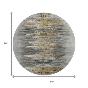 HomeRoots 8' Gray Silver and Gold Abstract Round Rug - Washable, UV-Protected, Durable, Stylish Decor Piece 666008