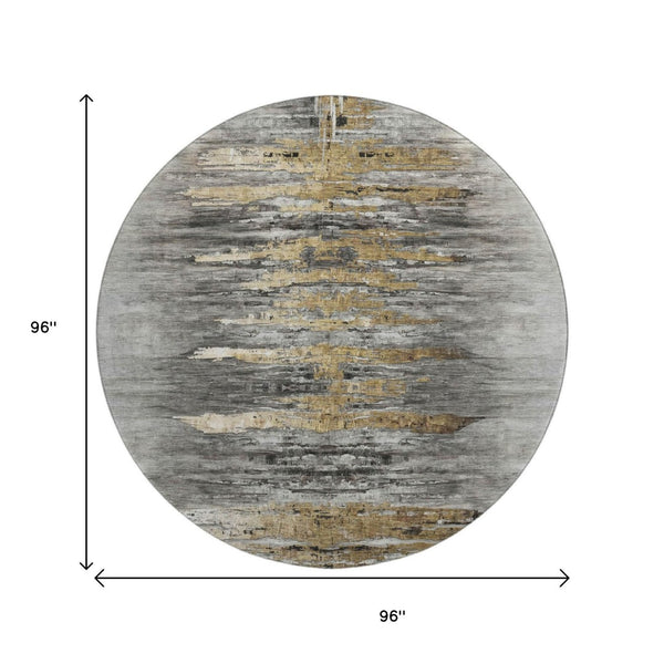 HomeRoots 8' Gray Silver and Gold Abstract Round Rug - Washable, UV-Protected, Durable, Stylish Decor Piece 666008