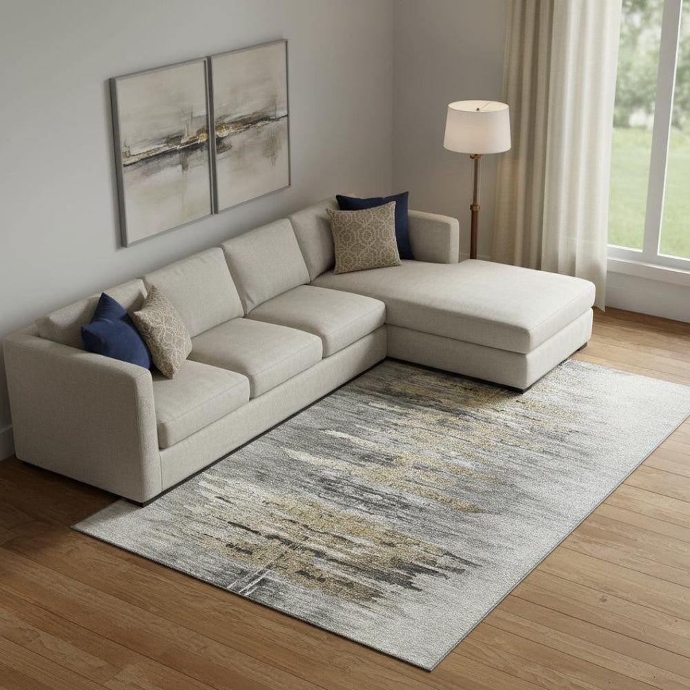 HomeRoots 8' X 10' Elegant Gray Silver Gold Abstract Washable Area Rug with UV Protection for Busy Homes 666009