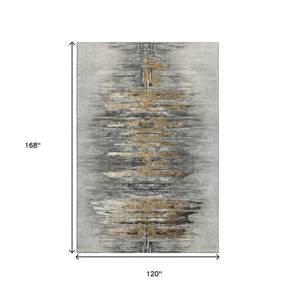 HomeRoots 10' X 14' Gray Silver & Gold Abstract Area Rug - Washable, UV-Protected, Durable for Modern Spaces 666011