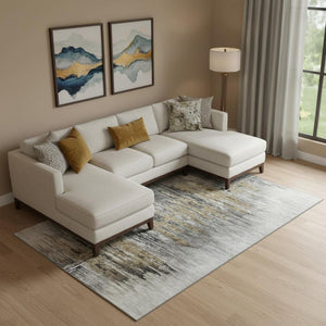 HomeRoots 10' X 14' Gray Silver & Gold Abstract Area Rug - Washable, UV-Protected, Durable for Modern Spaces 666011