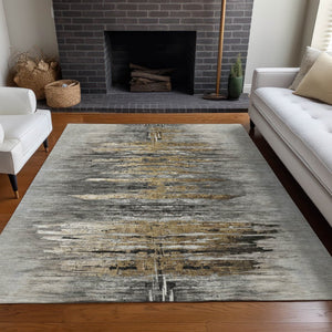 HomeRoots 10' X 14' Gray Silver & Gold Abstract Area Rug - Washable, UV-Protected, Durable for Modern Spaces 666011