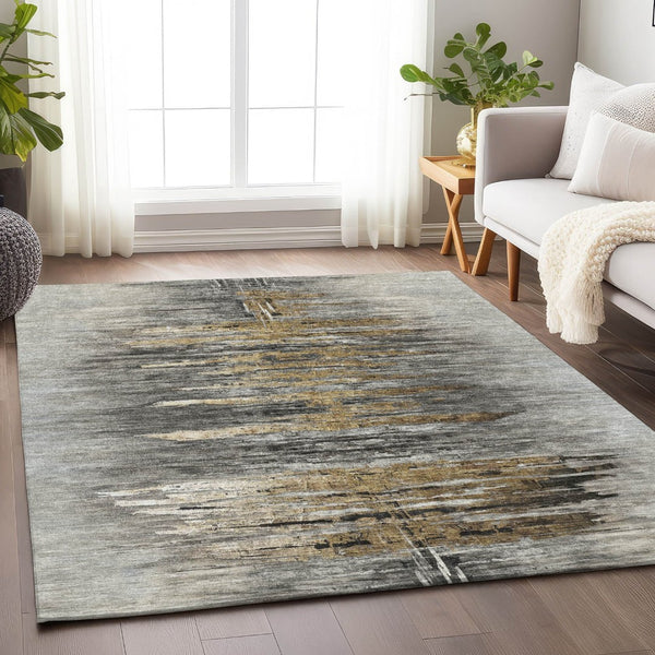 HomeRoots 10' X 14' Gray Silver & Gold Abstract Area Rug - Washable, UV-Protected, Durable for Modern Spaces 666011