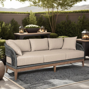 English Elm Orbit Outdoor Three Seat Sofa Eucalyptus Frame with Rope Accents and Taupe Cushions B2736P464822