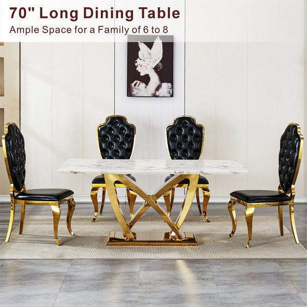 English Elm Marble Dining Table For 6-8 People, Luxurious Faux Marble Top With Gold Mirrored Base, Modern Design W3456S00052