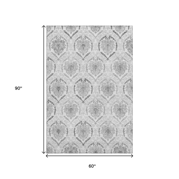HomeRoots 5' X 8' Elegant Silver and Gray Medallion Area Rug - Washable, UV Protected, Pet-Friendly Design 666037