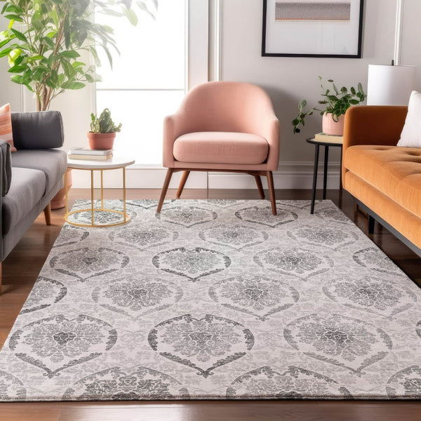 HomeRoots 5' X 8' Elegant Silver and Gray Medallion Area Rug - Washable, UV Protected, Pet-Friendly Design 666037