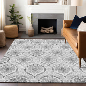 HomeRoots 5' X 8' Elegant Silver and Gray Medallion Area Rug - Washable, UV Protected, Pet-Friendly Design 666037