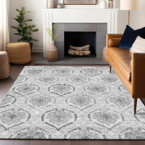 HomeRoots 5' X 8' Elegant Silver and Gray Medallion Area Rug - Washable, UV Protected, Pet-Friendly Design 666037