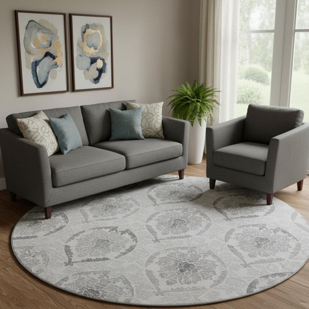 HomeRoots 8' Elegant Silver and Gray Medallion Round Rug – Washable, UV Protected, Perfect for High-Traffic Areas 666038