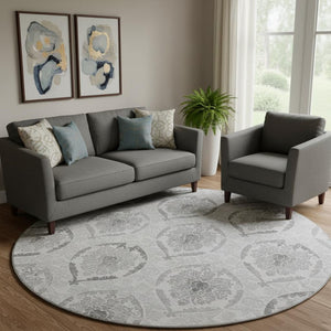 HomeRoots 8' Elegant Silver and Gray Medallion Round Rug – Washable, UV Protected, Perfect for High-Traffic Areas 666038