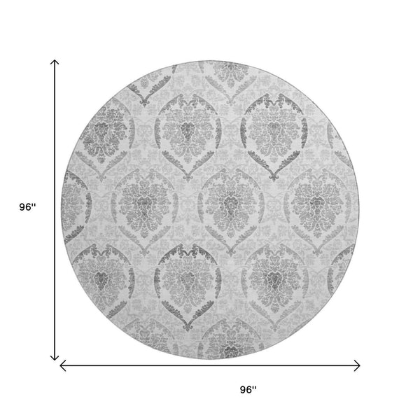 HomeRoots 8' Elegant Silver and Gray Medallion Round Rug – Washable, UV Protected, Perfect for High-Traffic Areas 666038