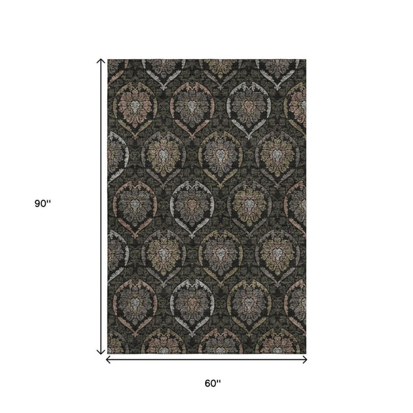 HomeRoots 5' X 8' Washable Medallion Area Rug in Black, Brown & Gray - Stain Resistant with UV Protection 666049