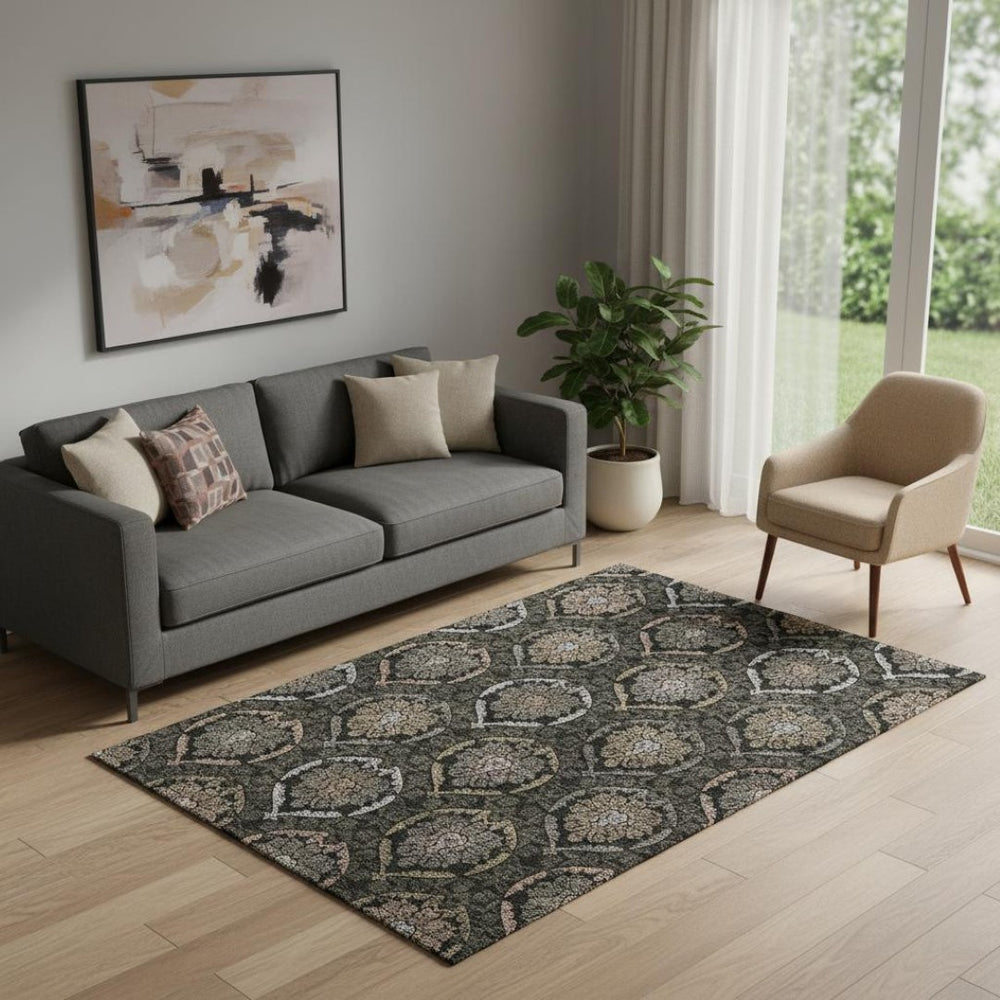 HomeRoots 5' X 8' Washable Medallion Area Rug in Black, Brown & Gray - Stain Resistant with UV Protection 666049