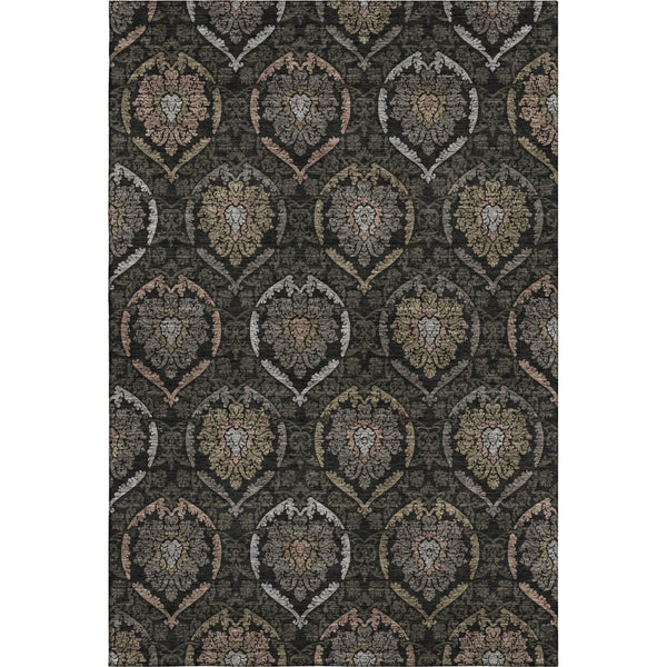 HomeRoots 5' X 8' Washable Medallion Area Rug in Black, Brown & Gray - Stain Resistant with UV Protection 666049
