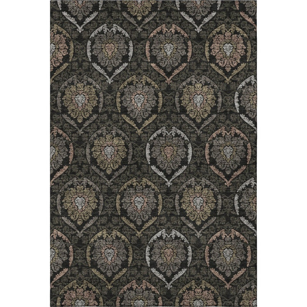 HomeRoots 5' X 8' Washable Medallion Area Rug in Black, Brown & Gray - Stain Resistant with UV Protection 666049