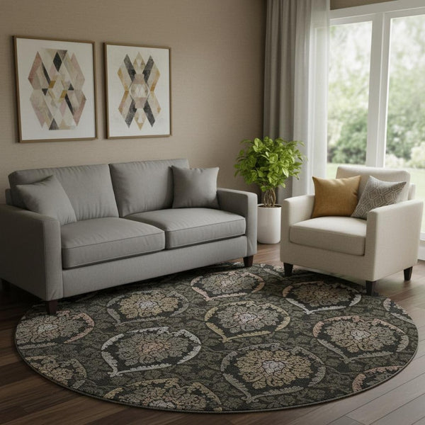 HomeRoots 8' Stylish Black, Brown & Gray Medallion Washable Round Rug with UV Protection for Cozy Spaces 666050