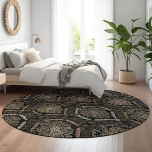 HomeRoots 8' Stylish Black, Brown & Gray Medallion Washable Round Rug with UV Protection for Cozy Spaces 666050