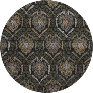 HomeRoots 8' Stylish Black, Brown & Gray Medallion Washable Round Rug with UV Protection for Cozy Spaces 666050