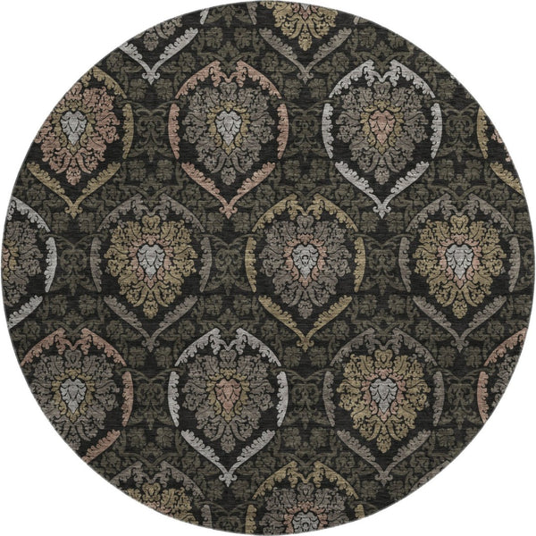 HomeRoots 8' Stylish Black, Brown & Gray Medallion Washable Round Rug with UV Protection for Cozy Spaces 666050