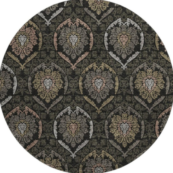 HomeRoots 8' Stylish Black, Brown & Gray Medallion Washable Round Rug with UV Protection for Cozy Spaces 666050
