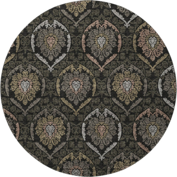 HomeRoots 8' Stylish Black, Brown & Gray Medallion Washable Round Rug with UV Protection for Cozy Spaces 666050