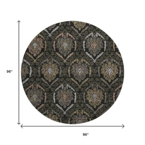 HomeRoots 8' Stylish Black, Brown & Gray Medallion Washable Round Rug with UV Protection for Cozy Spaces 666050