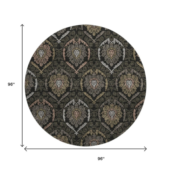 HomeRoots 8' Stylish Black, Brown & Gray Medallion Washable Round Rug with UV Protection for Cozy Spaces 666050