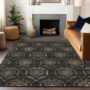 HomeRoots 8' X 10' Medallion Washable Area Rug - Stylish Black, Brown & Gray Design with UV & Stain Protection 666051