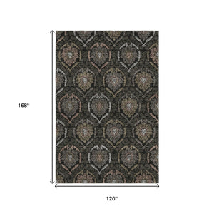 HomeRoots 10' X 14' Medallion Washable Area Rug - Durable Black, Brown & Gray with UV Protection for High Traffic 666053