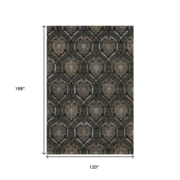 HomeRoots 10' X 14' Medallion Washable Area Rug - Durable Black, Brown & Gray with UV Protection for High Traffic 666053