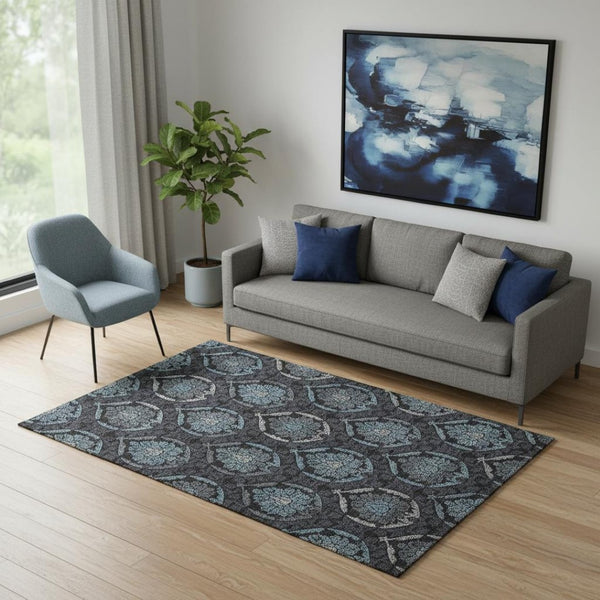 HomeRoots 5' X 8' Blue and Charcoal Medallion Area Rug - Durable, Washable, UV Protected for Family Spaces! 666055